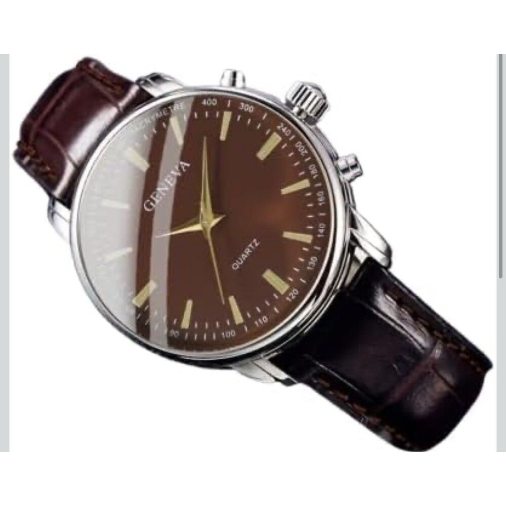 New Men's Geneva Quartz Watch Brown Faux Leather Strap Gold Tone Accents